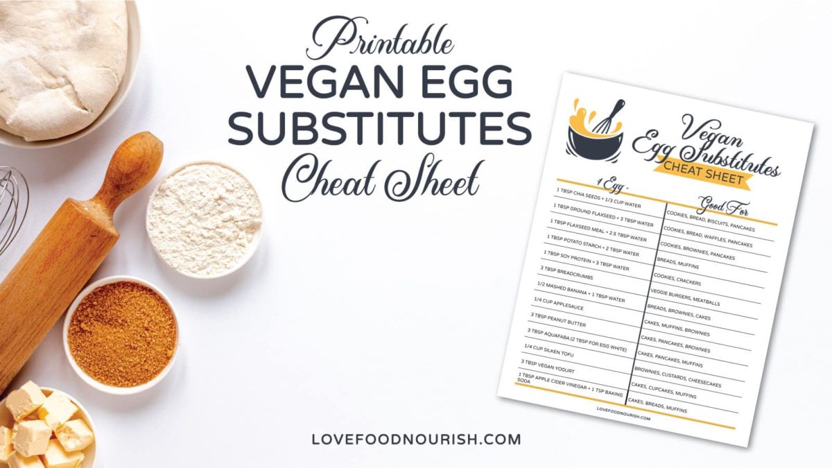 Vegan Egg Substitute chart with rolling pin and dough and butter to the side.