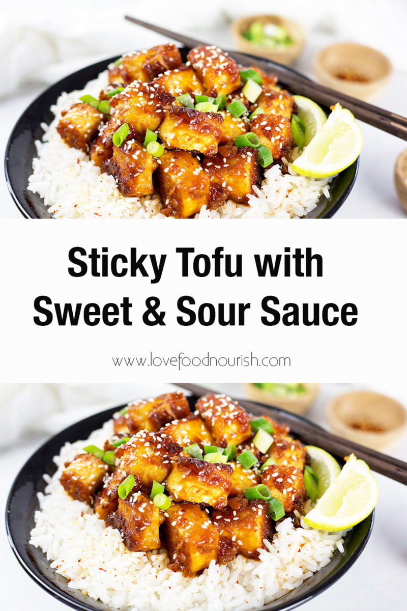 Sticky tofu on rice in black bowl with chopsticks and text overlay saying sticky tofu with sweet and sour sauce.