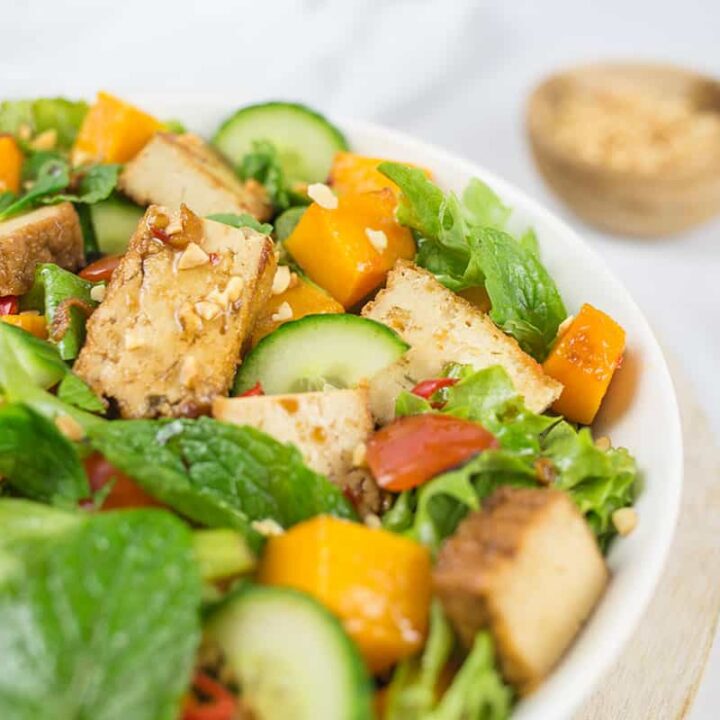 Close up of tofu pumpkin salad with fork and peanuts behind.