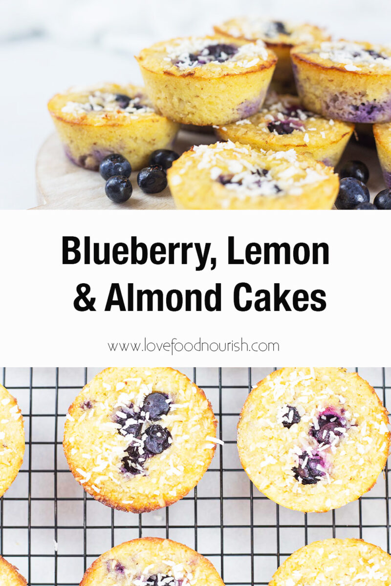 Blueberry lemon and almond cakes stacked on top of each other on top photo. Bottom photo on a cooling rack.