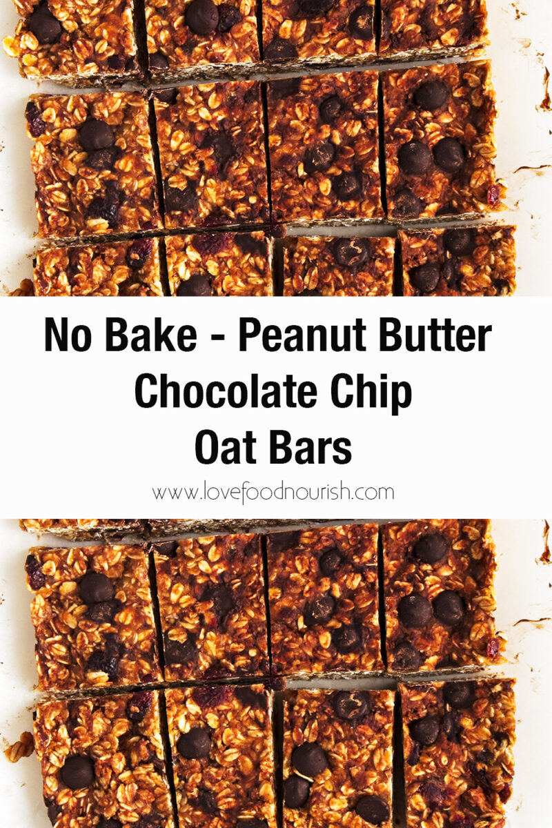 No Bake Chocolate Chip Oat Bars on white baking paper.