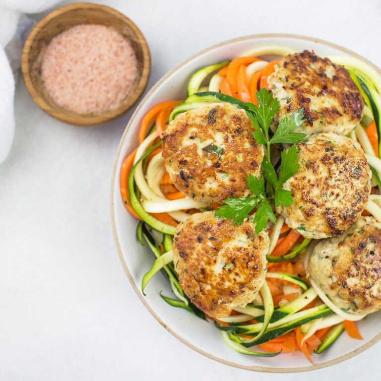 Gluten-Free chicken meatballs on zoodles.