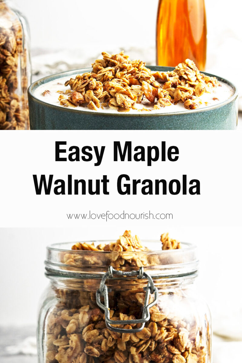 Maple walnut granola in blue bowl with bottle of maple syyrup behind. Bottom photo of granola in a jar.