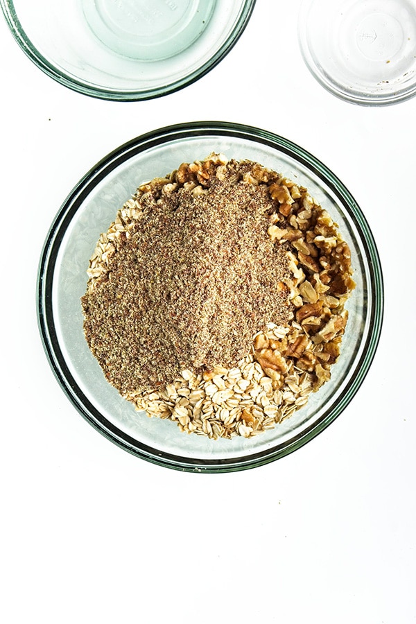 Dry ingredients for granola in bowl.