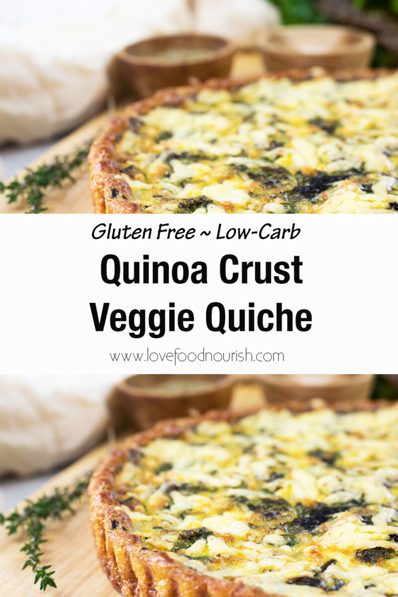 Quinoa crust quiche on wooden board with herbs in background.