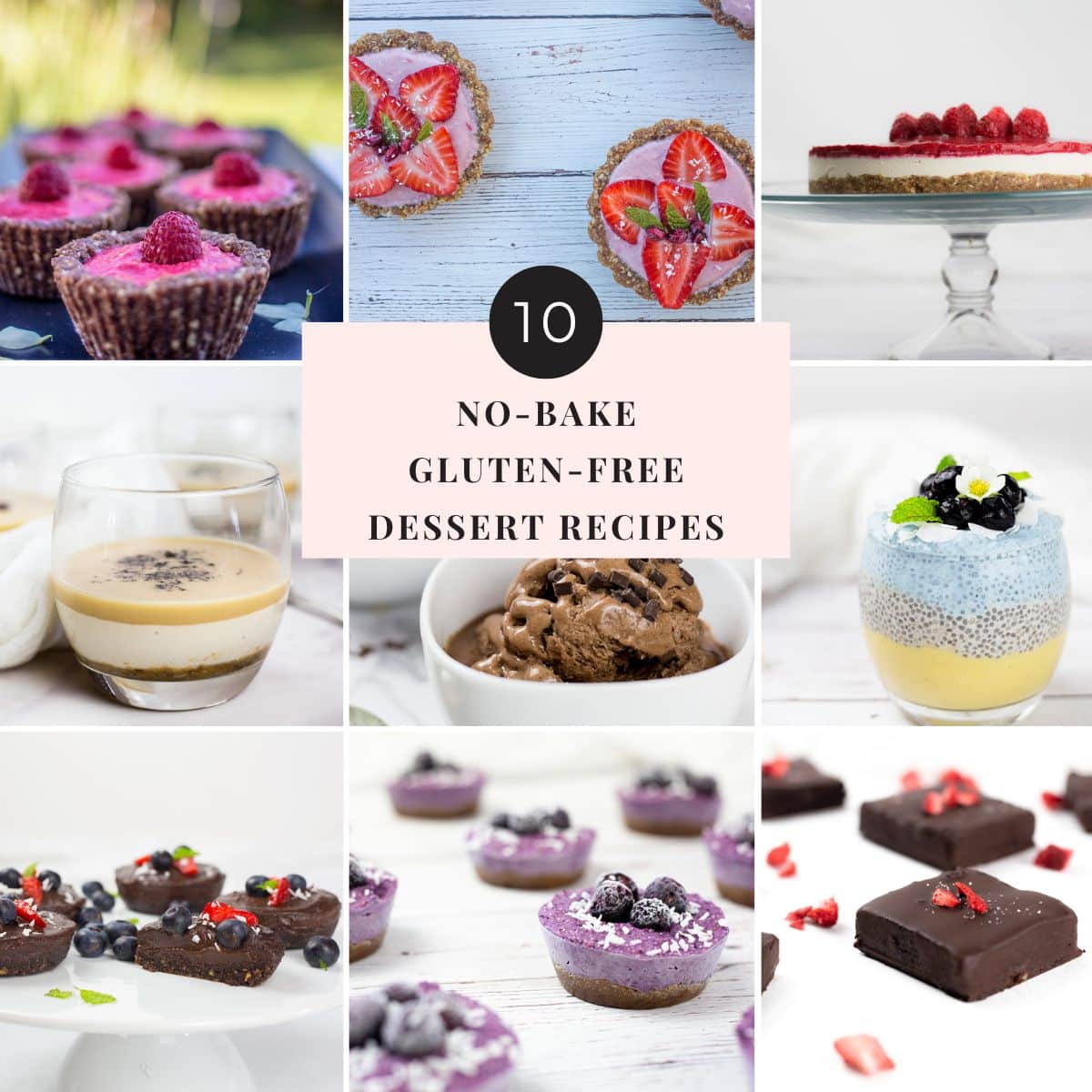 Collage of different gluten-free no-bake dessert recipes.