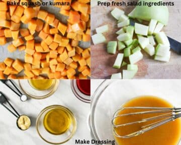 Photo collage of squash, diced apple and dressing ingredients.