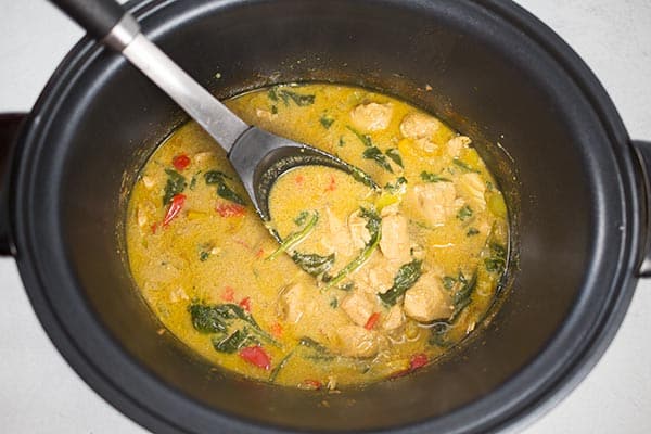 Chicken Satay in slow cooker with spoon.